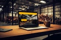 Industrial office mockup responsive website builder on laptop screen. Close-up. Generative Ai content Royalty Free Stock Photo