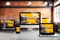 Industrial office mockup responsive website builder on laptop screen. Close-up. Generative Ai content Royalty Free Stock Photo