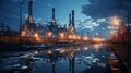 Industrial oil refinery petrochemical chemical plant with equipment at night. AI generated