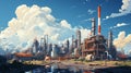 Industrial oil refinery petrochemical chemical plant and tall pipes. AI generated