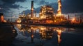 Industrial oil refinery petrochemical chemical plant and tall pipes at night. AI generated