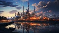 Industrial oil refinery petrochemical chemical plant and tall pipes at night. AI generated