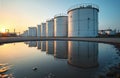 Industrial oil storage tanks arranged in rows. Sunset light reflects on tanks surfaces in puddle. Organized pattern of large Royalty Free Stock Photo