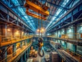 Industrial Overhead Crane Hook in Steel Workshop A Powerful Engineering Solution for Material Handling Royalty Free Stock Photo
