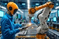 Industrial oversight Manager engineers control robotic arms in factory automation