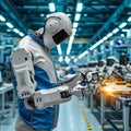 Industrial oversight Manager engineers control robotic arms in factory automation