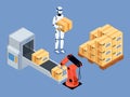 Industrial packing system process with robotic arm and loader working on automated conveyor belt Royalty Free Stock Photo