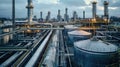 Industrial Petrochemical Plant at Dusk with Storage Tanks and Pipelines Royalty Free Stock Photo