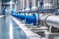 Industrial pipeline system with blue valves in a manufacturing facility Royalty Free Stock Photo