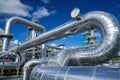 Industrial pipelines at petrochemical plant under blue sky Royalty Free Stock Photo
