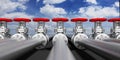 Industrial pipelines and valves on blue sky background, banner. 3d illustration