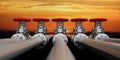 Industrial pipelines and valves on sky at sunset background, banner. 3d illustration