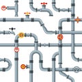 Industrial pipes seamless pattern. Pipe valves and taps, drain cooling or heating system pipelines gas pressure gauge