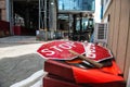 Industrial plant or construction site regulation concept photo with red stop signs Royalty Free Stock Photo