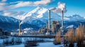Industrial plant emissions against mountain backdrop symbolizing ccus challenges and solutions Royalty Free Stock Photo