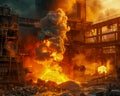 Industrial Plant Engulfed in Dramatic Fiery Explosion with Smoke and Fireballs Amidst the Machinery