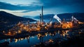 Industrial plant full of lights in the evening. Factory built on the river among the mountains. Generative AI Royalty Free Stock Photo