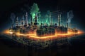Industrial plant with glowing chimneys and smoke on dark background illustration, generative ai Royalty Free Stock Photo
