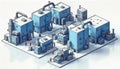 Industrial plant with multiple buildings, structures. Workers seen in facility. Modern tech facility. Isometric illustration Royalty Free Stock Photo