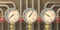 Industrial pipelines and manometers background. 3d illustration