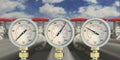 Industrial pipelines and manometers background. 3d illustration