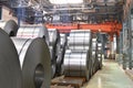 Industrial plant for the production of sheet metal in a steel mill - storage of sheet rolls