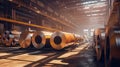 industrial plant for the production of sheet metal in a steel mill storage of sheet rolls. Generative A Royalty Free Stock Photo