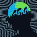 Industrial pollution of the earth inside the screaming human head profile, framed with lines. Vector illustration