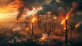 Industrial Pollution and Flaring in Oil Refinery at Dusk. Generative ai Royalty Free Stock Photo