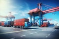 Industrial port with container cargo freight ship and crane bridge for , Container Cargo freight ship with working crane bridge in Royalty Free Stock Photo