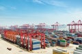 Industrial port with containers, Shanghai Yangshan deepwater port is a deep water port for container ships in Shanghai, China.