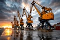 Industrial port with sunset, cranes, and containers at waterfront dockyard under dramatic sky Royalty Free Stock Photo