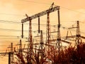 Industrial power lines sunset background Royalty Free Stock Photo