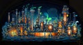 Industrial plant with glowing chimneys and pipes. Vector illustration, generative ai