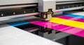 Industrial printer machine in operation with colorful cmyk ink patterns on paper sheet. concept of printing technology, high Royalty Free Stock Photo