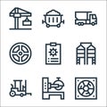 industrial process line icons. linear set. quality vector line set such as cooling fan, saw machine, forklift, silo, data analysis