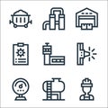 Industrial process line icons. linear set. quality vector line set such as engineer, tank, gauge, siren, control tower, data