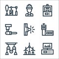 Industrial process line icons. linear set. quality vector line set such as monitor, wind turbine, pulley, control tower, siren,