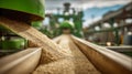 Industrial processing of grains flowing through a conveyor system inside a modern manufacturing facility with blurred machinery in Royalty Free Stock Photo