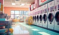 Industrial public laundry with washing machines in row on tiled floor in bright room