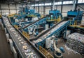 Industrial recycling facility with complex conveyor system sorting various waste materials. Blue Royalty Free Stock Photo