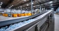 Industrial recycling facility conveyor belt transporting empty plastic bottles for sorting and processing in a large warehouse Royalty Free Stock Photo