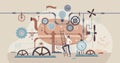 Industrial revolution with machines and steampunk gears tiny person concept