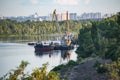 River industrial transport, tugboat crane, on the roadstead Royalty Free Stock Photo