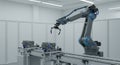 Industrial Robot Arm Automation System A robotic arm performs automated tasks on a modern assembly line in a clean bright