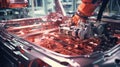 industrial robot arm in a factory setting, working on a car body. The orange sparks flying indicate Royalty Free Stock Photo