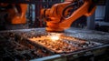 industrial robot arm performing a welding task on a metal sheet in a factory. The scene captures the precision and automation