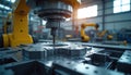 Industrial robot arm performs precision machining on metal part. CNC machine tool drills mills complex component in modern Royalty Free Stock Photo