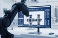 Industrial robot arm uses 3D scanner to capture detailed images of mechanical parts for quality control. Advanced tech ensures