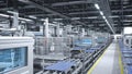Industrial robot arms placing solar panels on large production line